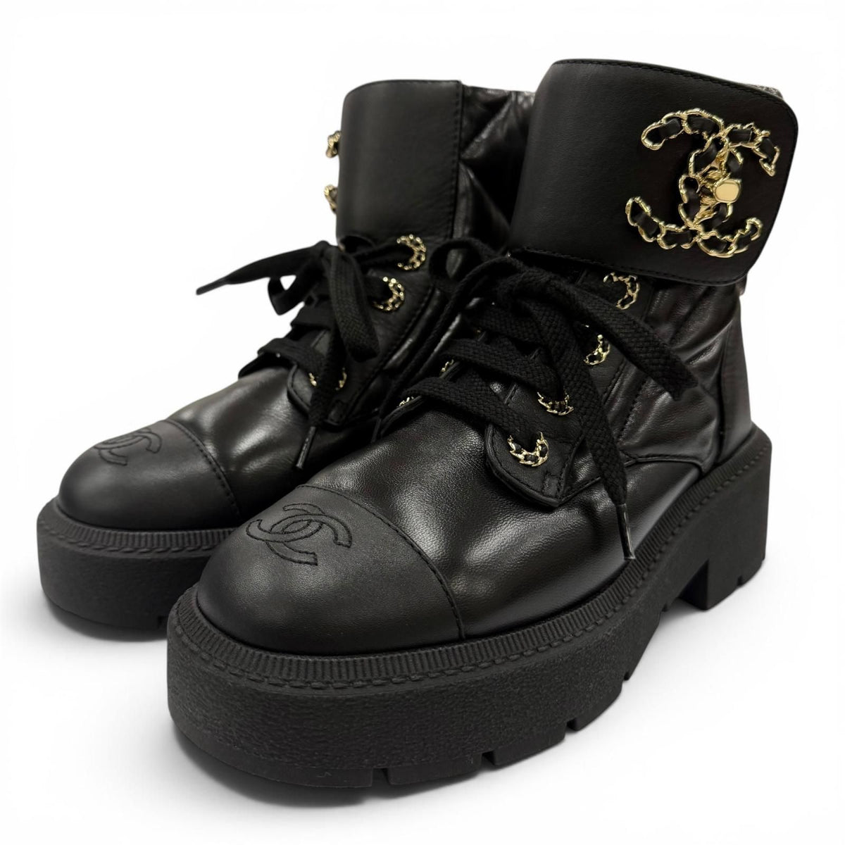 Chanel Quilted Chain CC Logo Turnlock Leather Short Boots Black 34