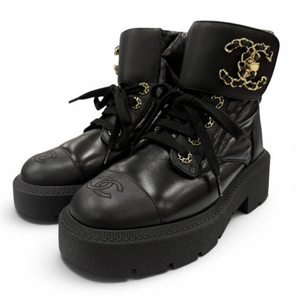 Chanel Quilted Chain CC Logo Turnlock Leather Short Boots Black 34