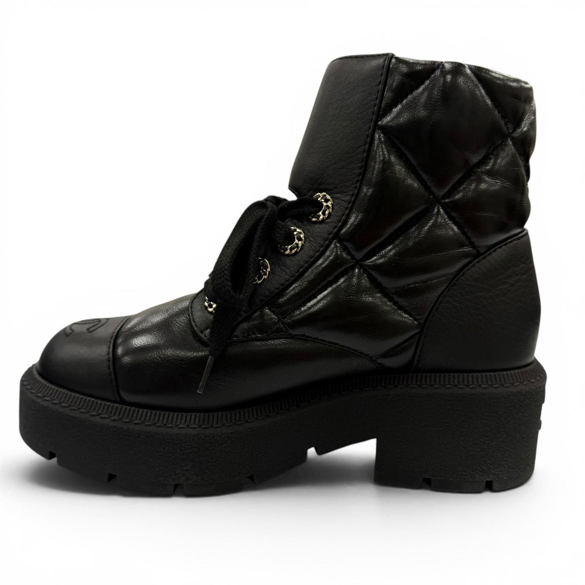 Chanel Quilted Chain CC Logo Turnlock Leather Short Boots Black 34 — view 6