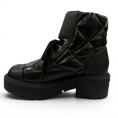 Chanel Quilted Chain CC Logo Turnlock Leather Short Boots Black 34 — view 6