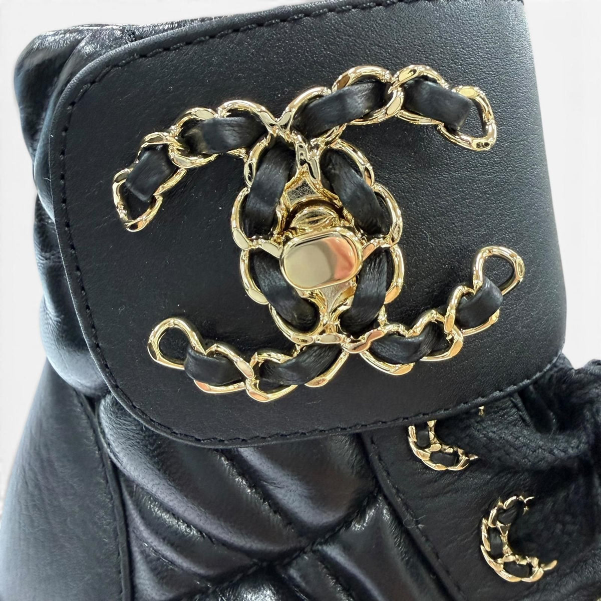 Chanel Quilted Chain CC Logo Turnlock Leather Short Boots Black 34 — view 8