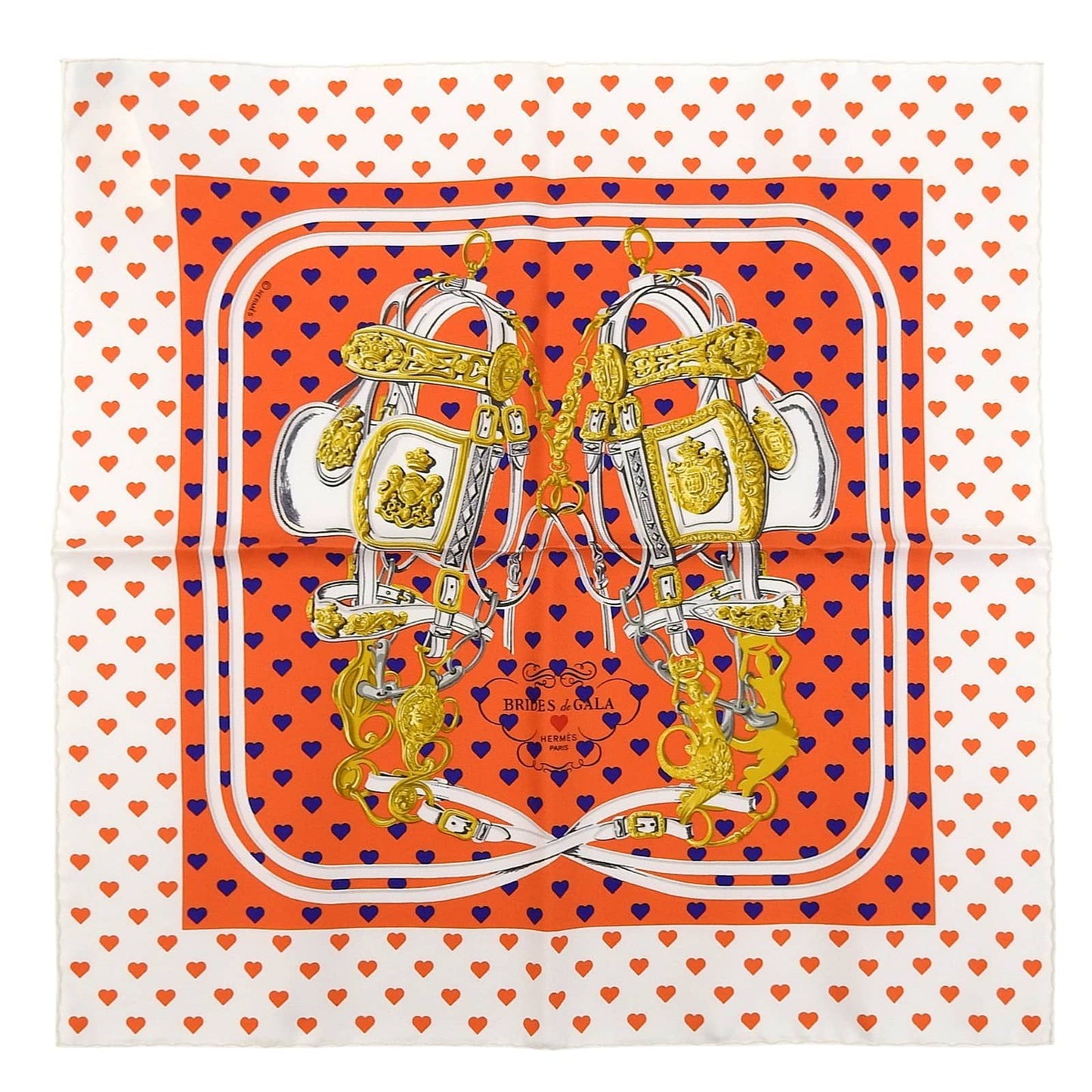 Hermes Carre 45 Brides de Gala Love Ceremonial Bridle Silk 100% Heart Pattern