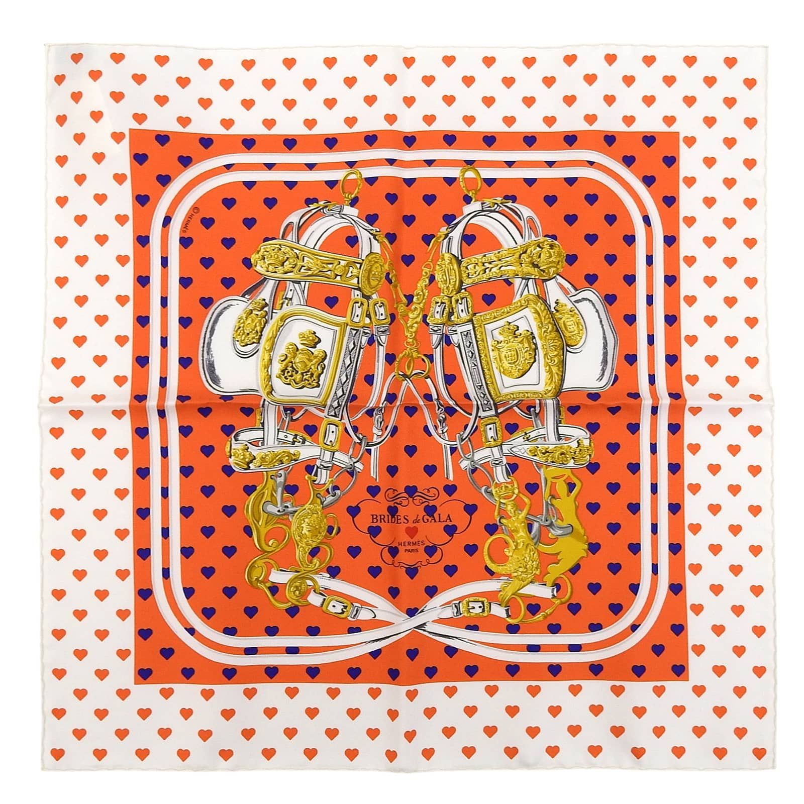 Hermes Carre 45 Brides de Gala Love Ceremonial Bridle Silk 100% Heart Pattern