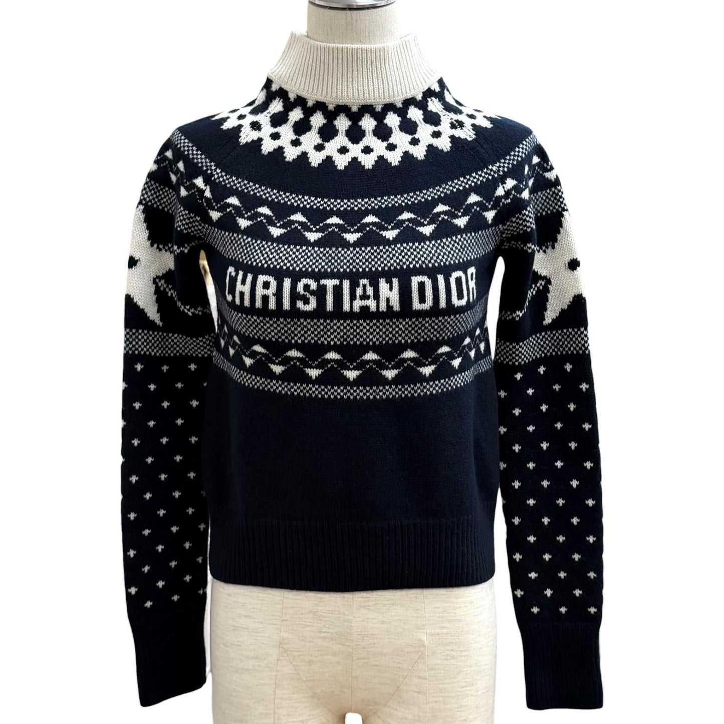 Dior Wool Cashmere Blend Logo Embroidery Nordic Pattern High Neck Sweater 38