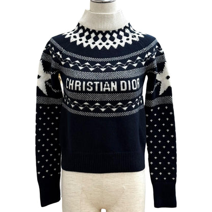Dior Wool Cashmere Blend Logo Embroidery Nordic Pattern High Neck Sweater 38