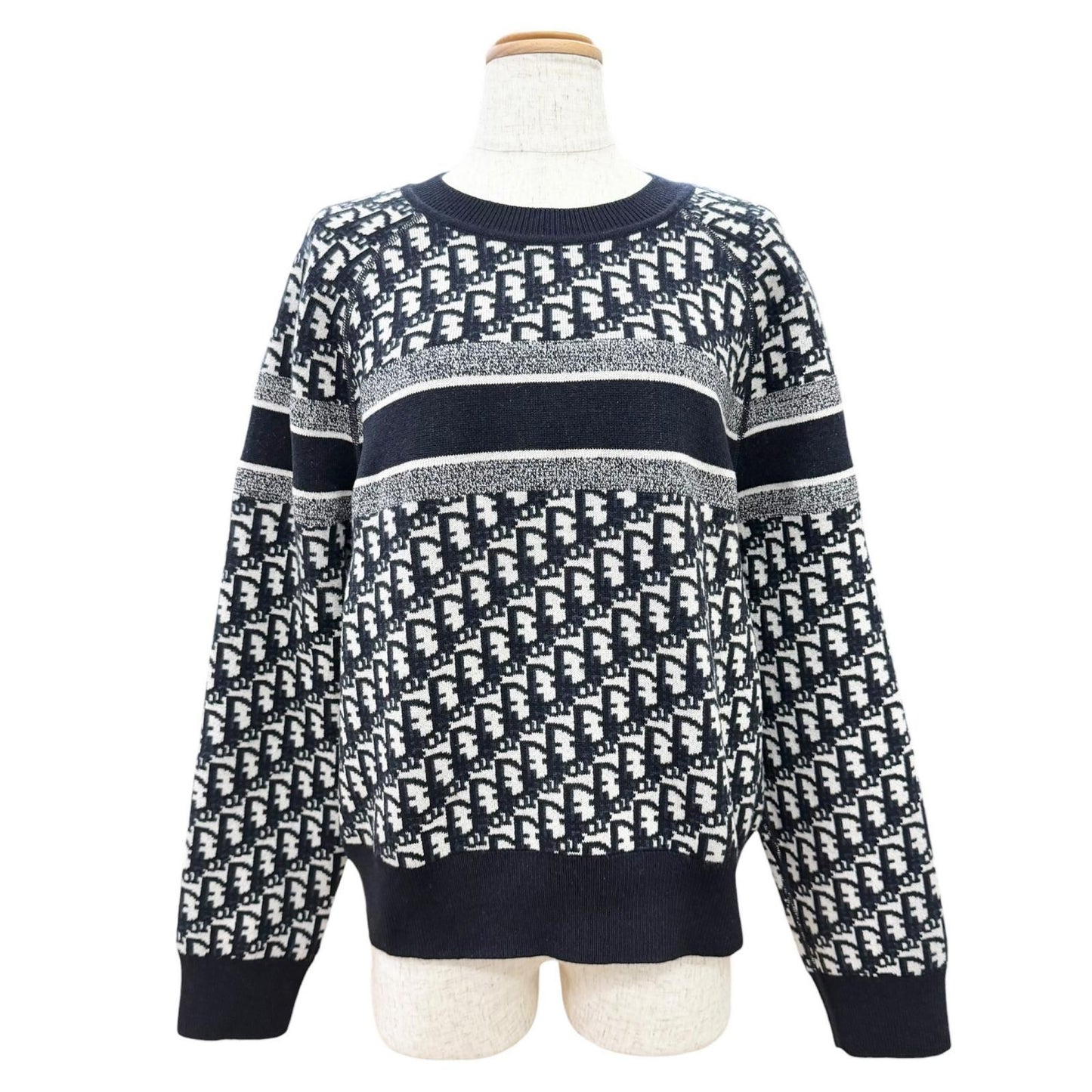 Dior Cashmere 97% Oblique Logo Reversible Long Sleeve Knit Navy 44 Sweater