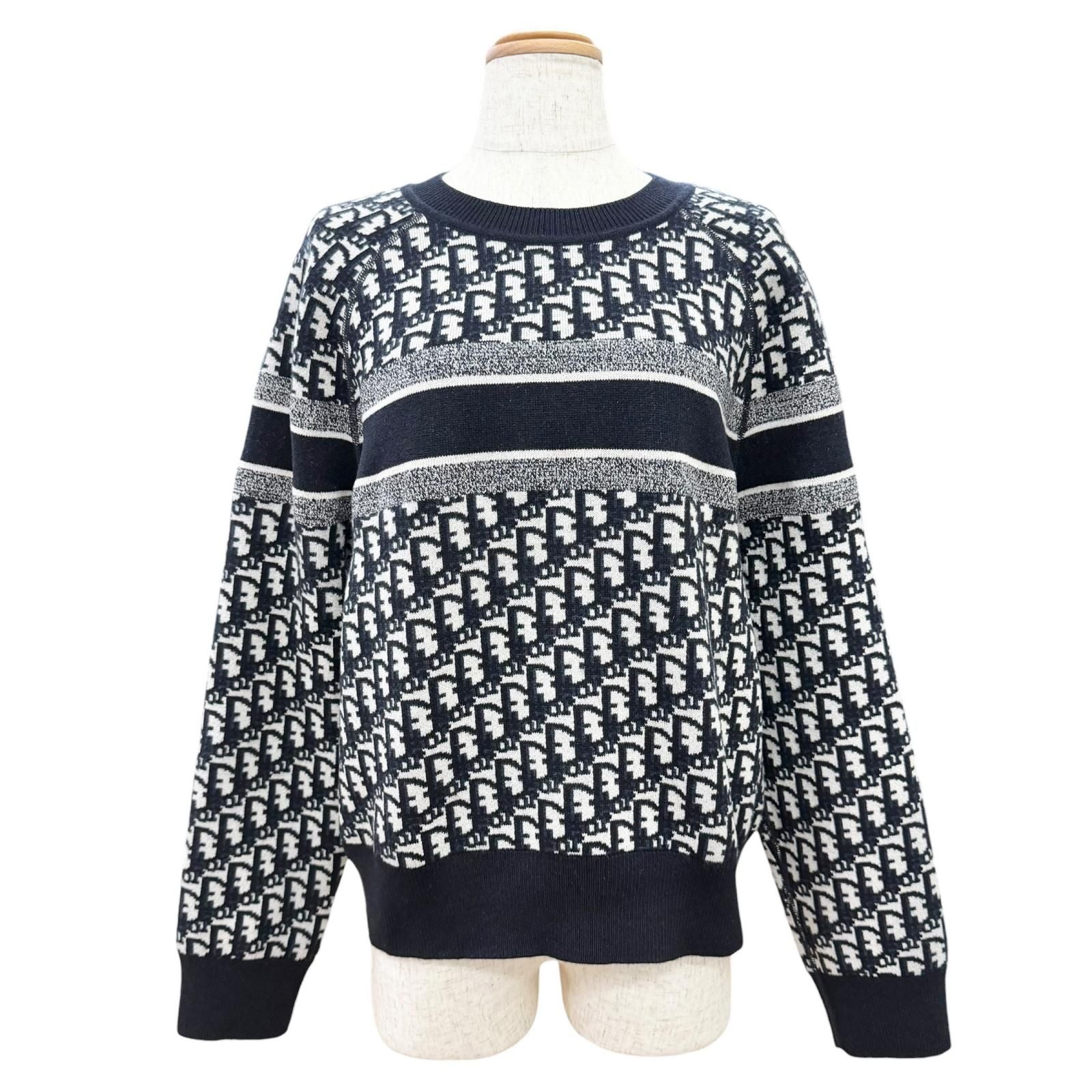 Dior Cashmere 97% Oblique Logo Reversible Long Sleeve Knit Navy 44 Sweater
