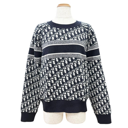 Dior Cashmere 97% Oblique Logo Reversible Long Sleeve Knit Navy 44 Sweater