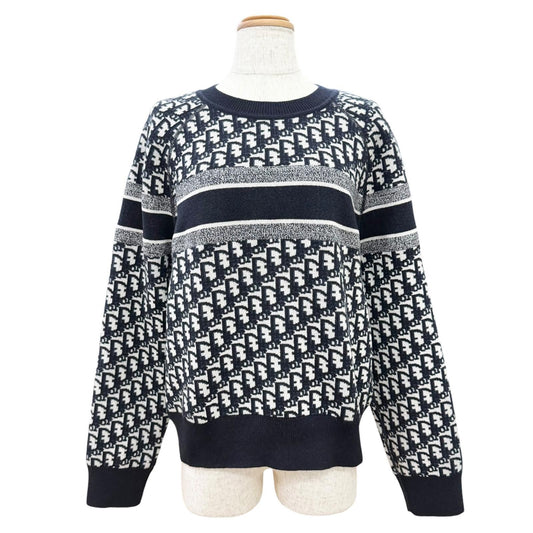 Dior Cashmere 97% Oblique Logo Reversible Long Sleeve Knit Navy 44 Sweater