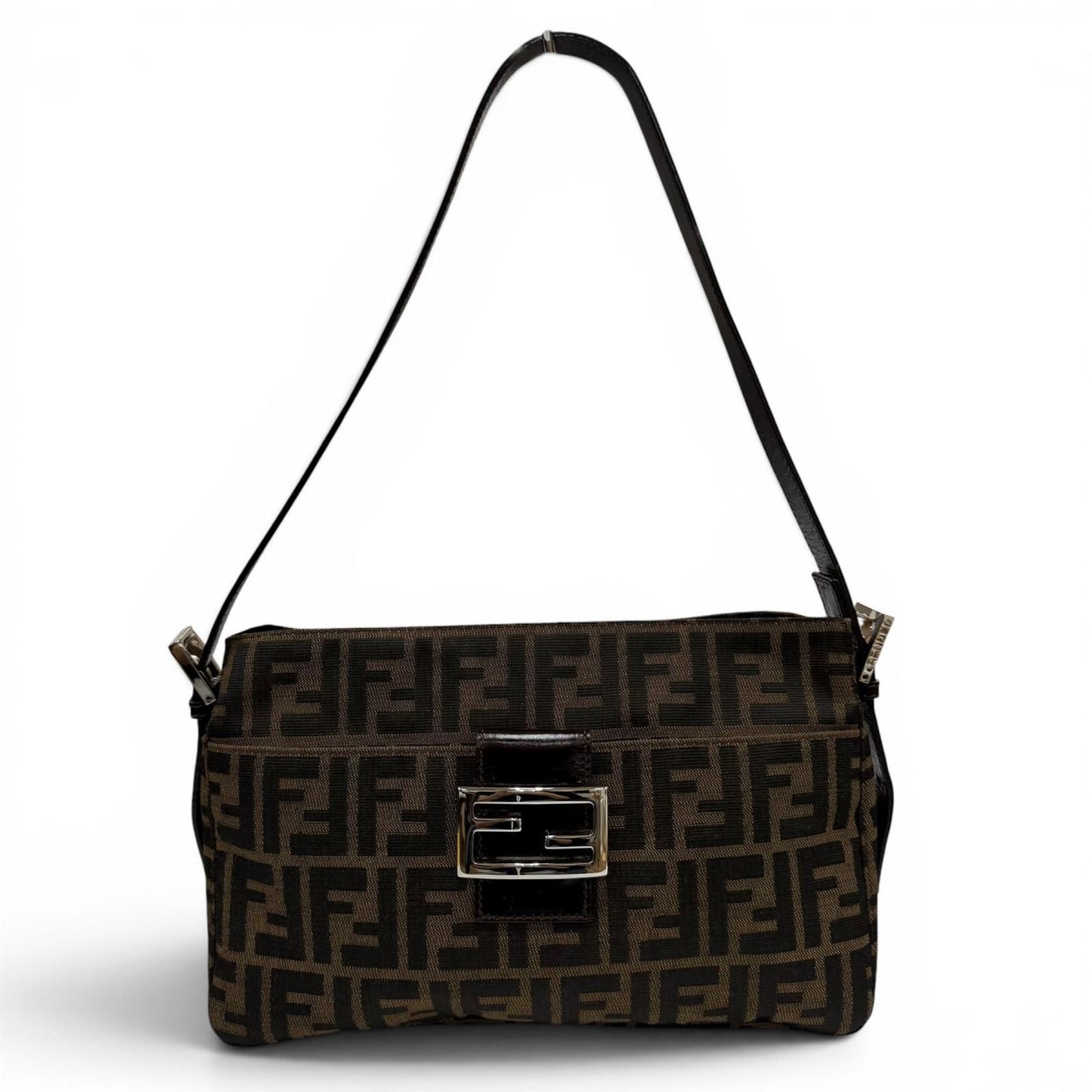 Fendi Vintage Leather Zucca Pattern FF Logo Shoulder Bag Brown