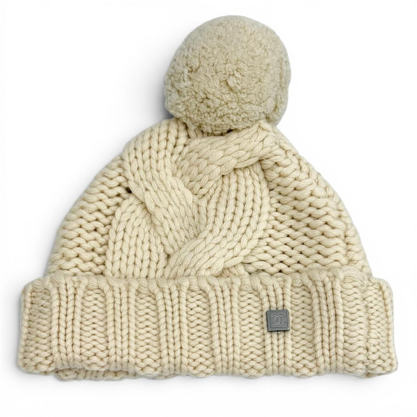 Chanel Cashmere Sports Line CC Logo Knit Cap with Pom Ivory
