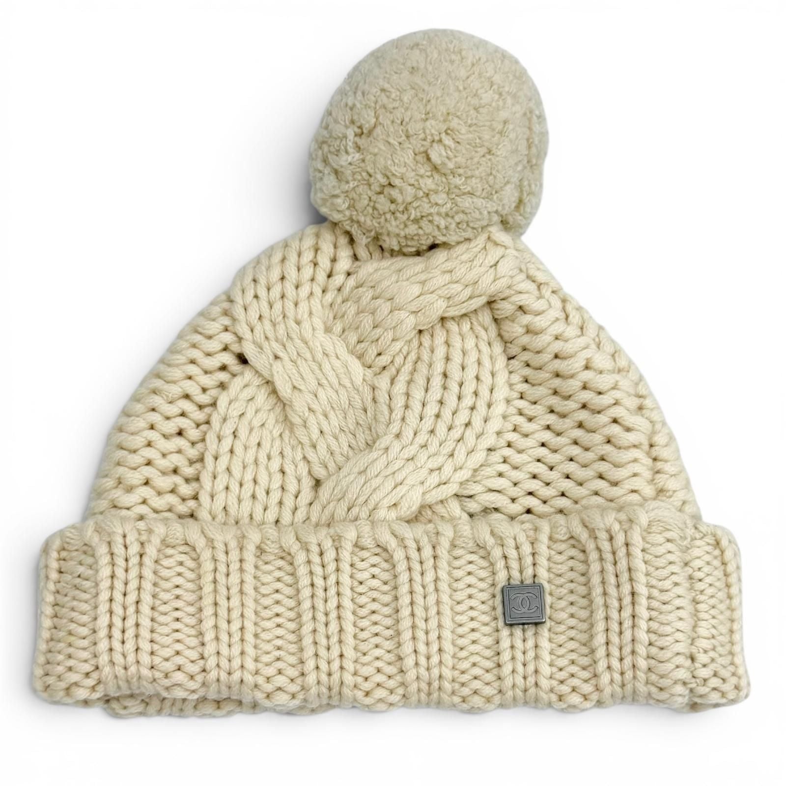 Chanel Cashmere Sports Line CC Logo Knit Cap with Pom Ivory