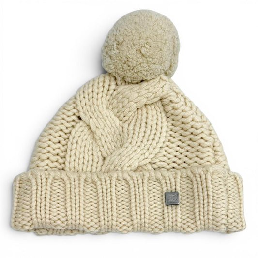 Chanel Cashmere Sports Line CC Logo Knit Cap with Pom Ivory
