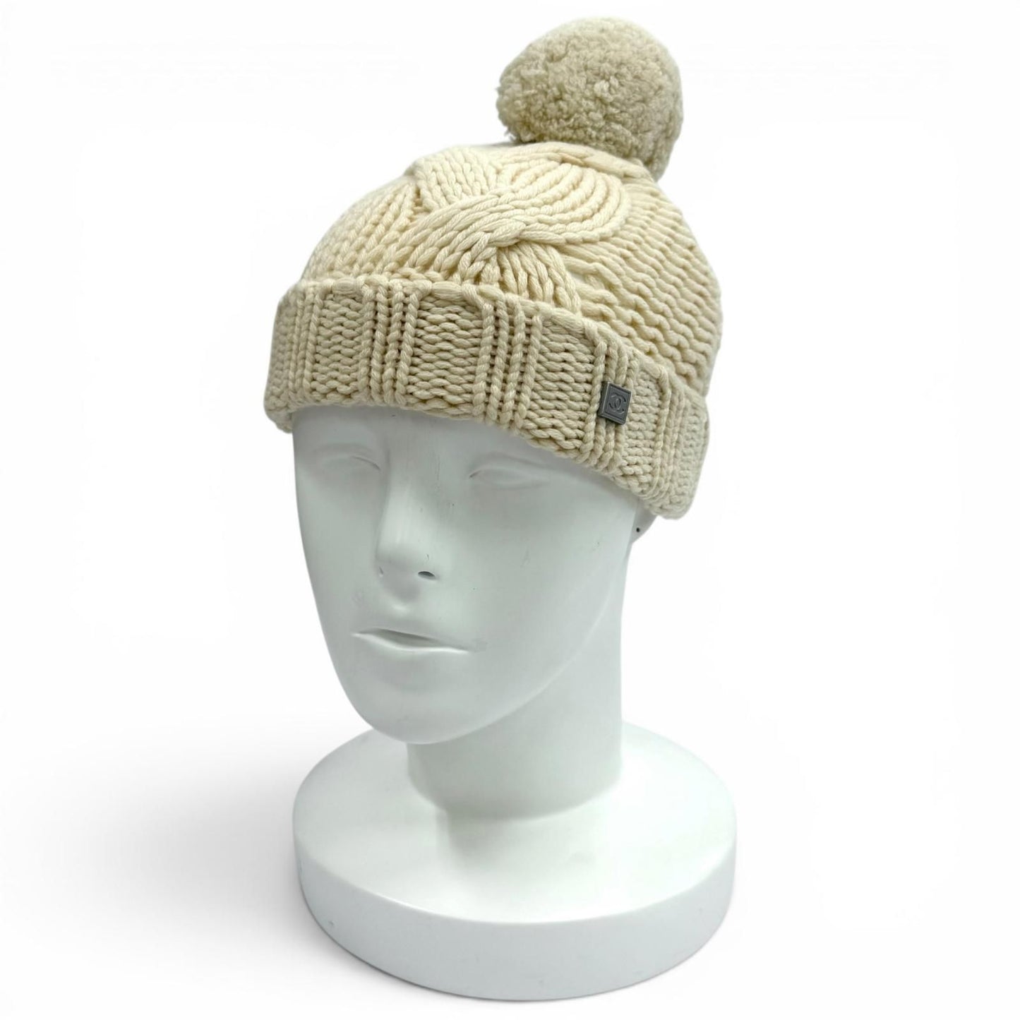 Chanel Cashmere Sports Line CC Logo Knit Cap with Pom Ivory — view 3