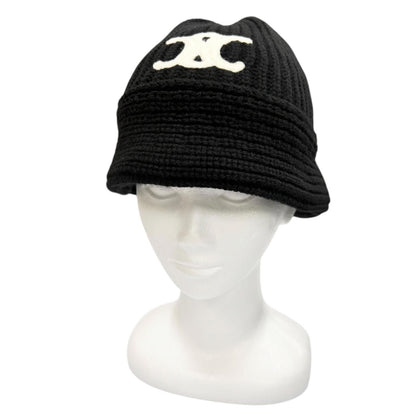 Celine Cashmere Triomphe Knit Hat Bucket Hat Black TU