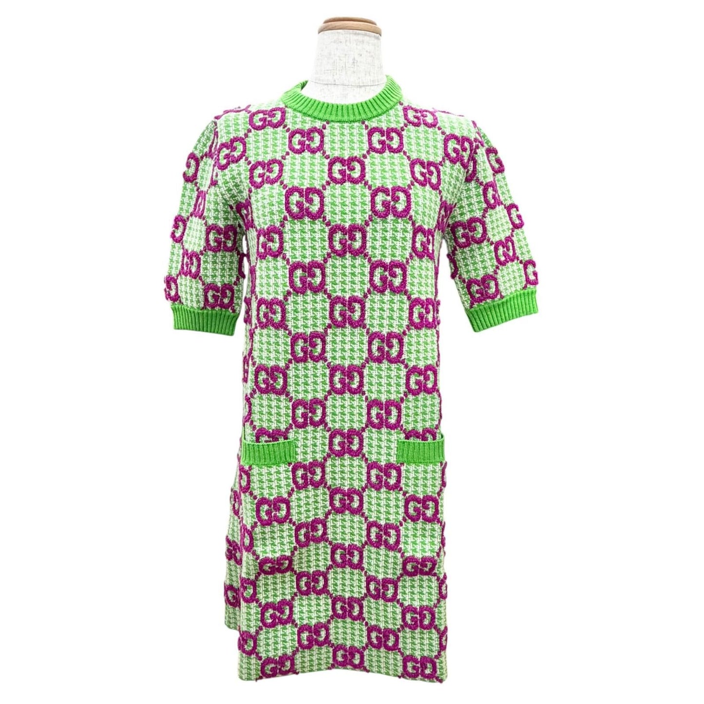 Gucci Wool GG Pattern Short Sleeve Knit Dress Mini Length Green Purple XS