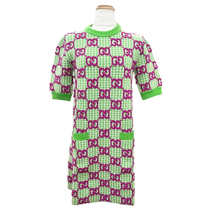 Gucci Wool GG Pattern Short Sleeve Knit Dress Mini Length Green Purple XS