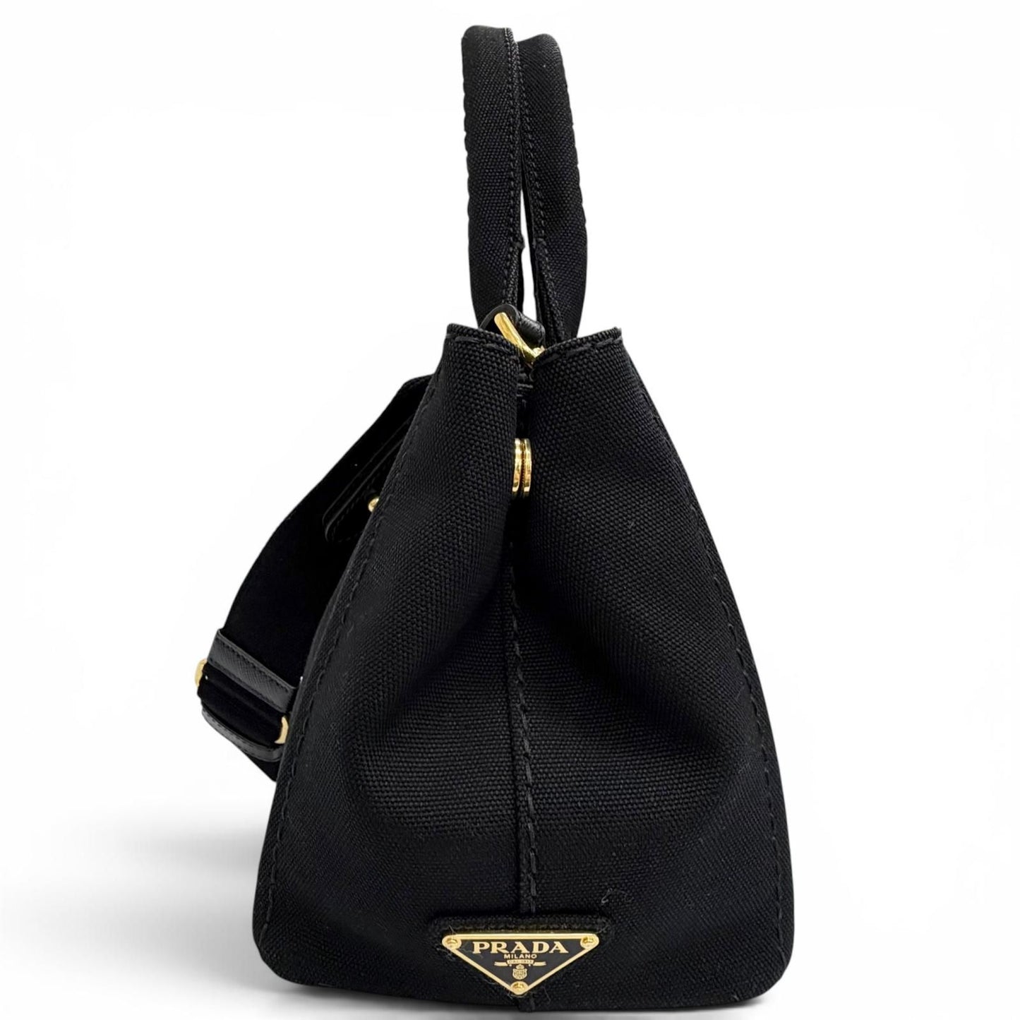 Prada Canapa Canvas Leather Triangle Logo 2-Way Shoulder Tote Black Gold — view 5