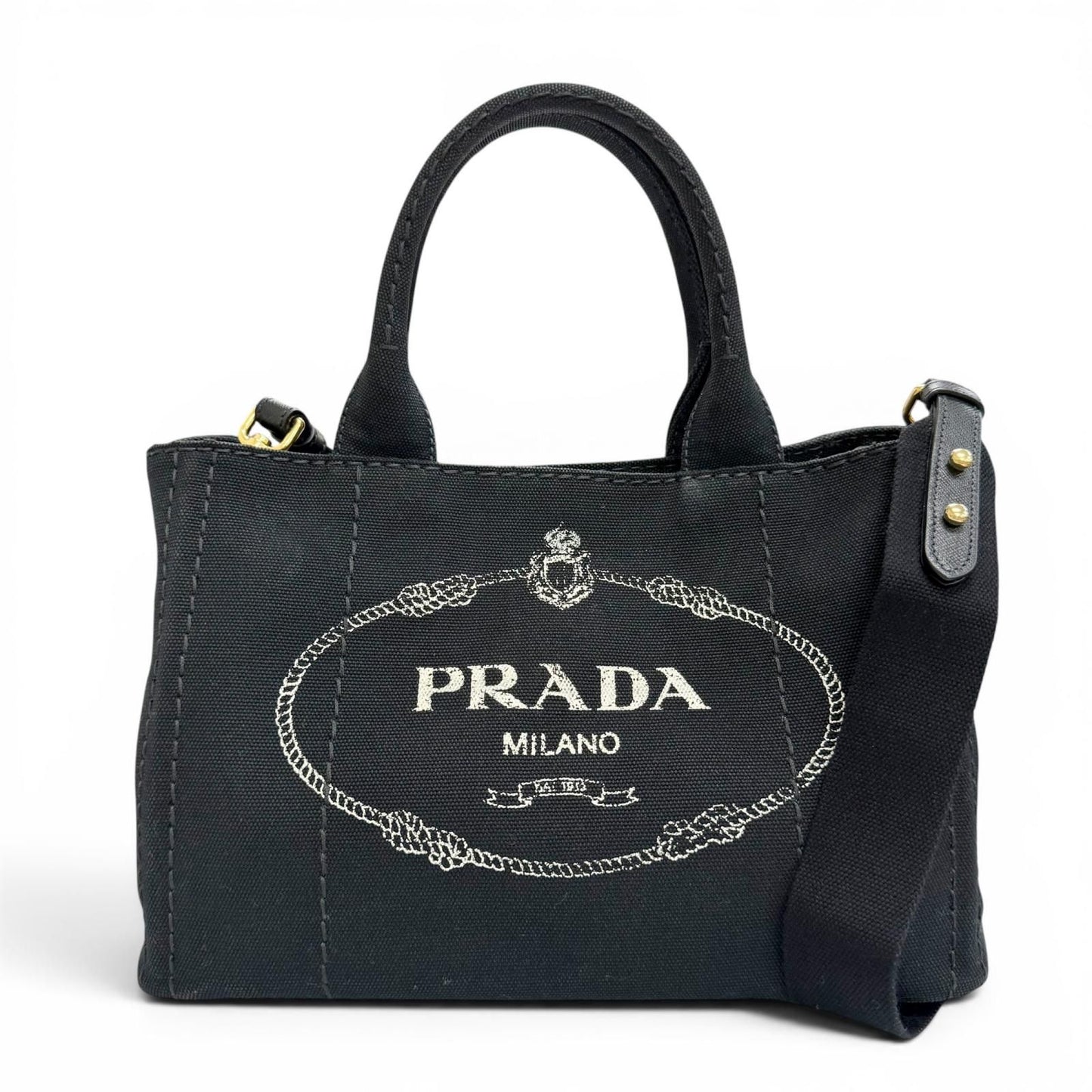 Prada Canapa Canvas Leather Triangle Logo 2-Way Shoulder Tote Black Gold