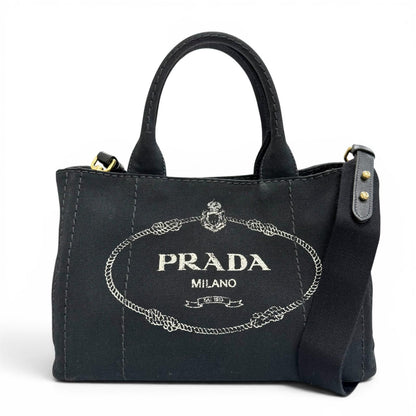 Prada Canapa Canvas Leather Triangle Logo 2-Way Shoulder Tote Black Gold