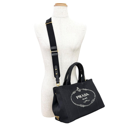 Prada Canapa Canvas Leather Triangle Logo 2-Way Shoulder Tote Black Gold — view 3