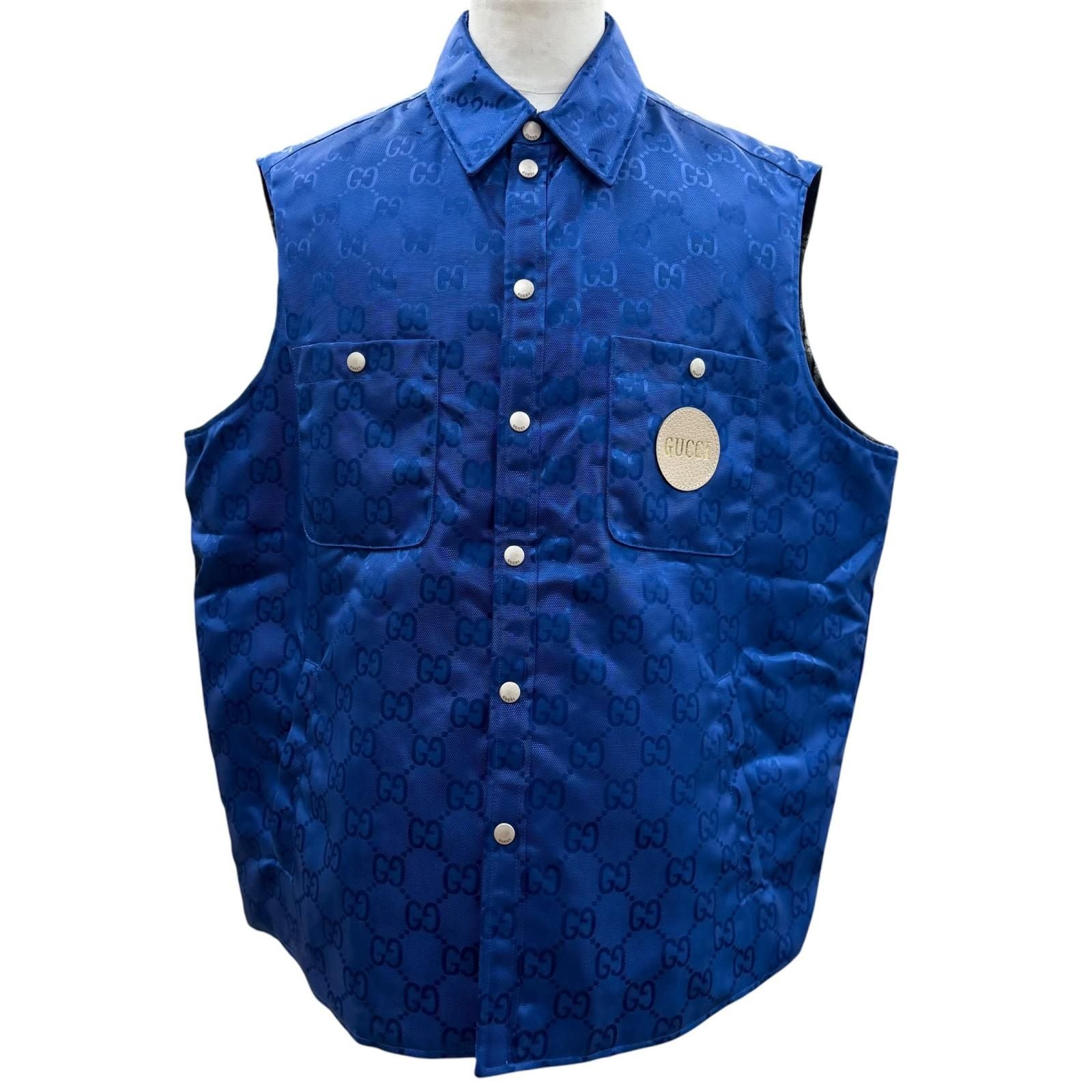 Gucci Off the Grid Nylon Vest GG Pattern Leather Logo with Patch Gilet Blue 50