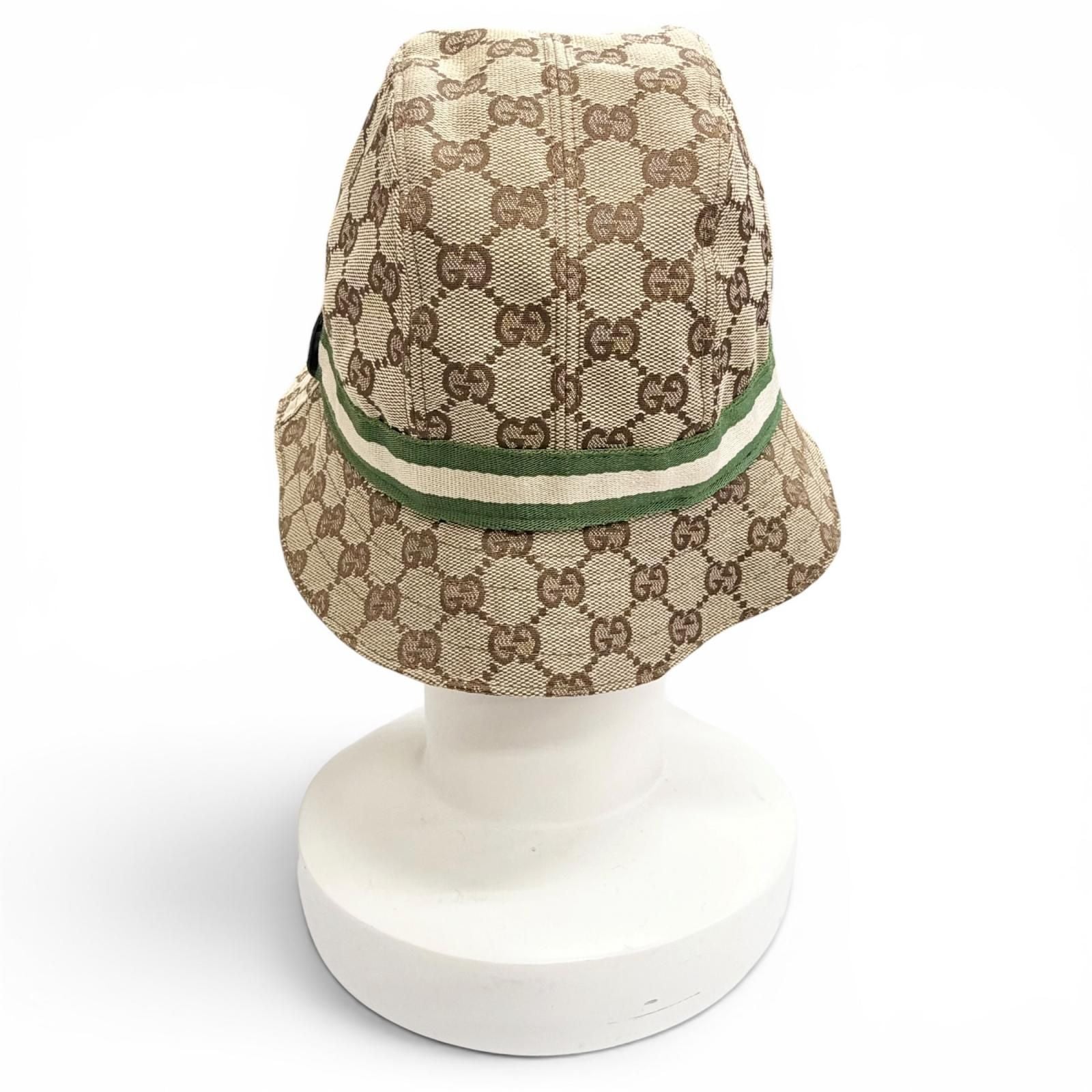 Gucci Logo Leather Patch GG Canvas Web Line Bucket Hat Beige — view 4