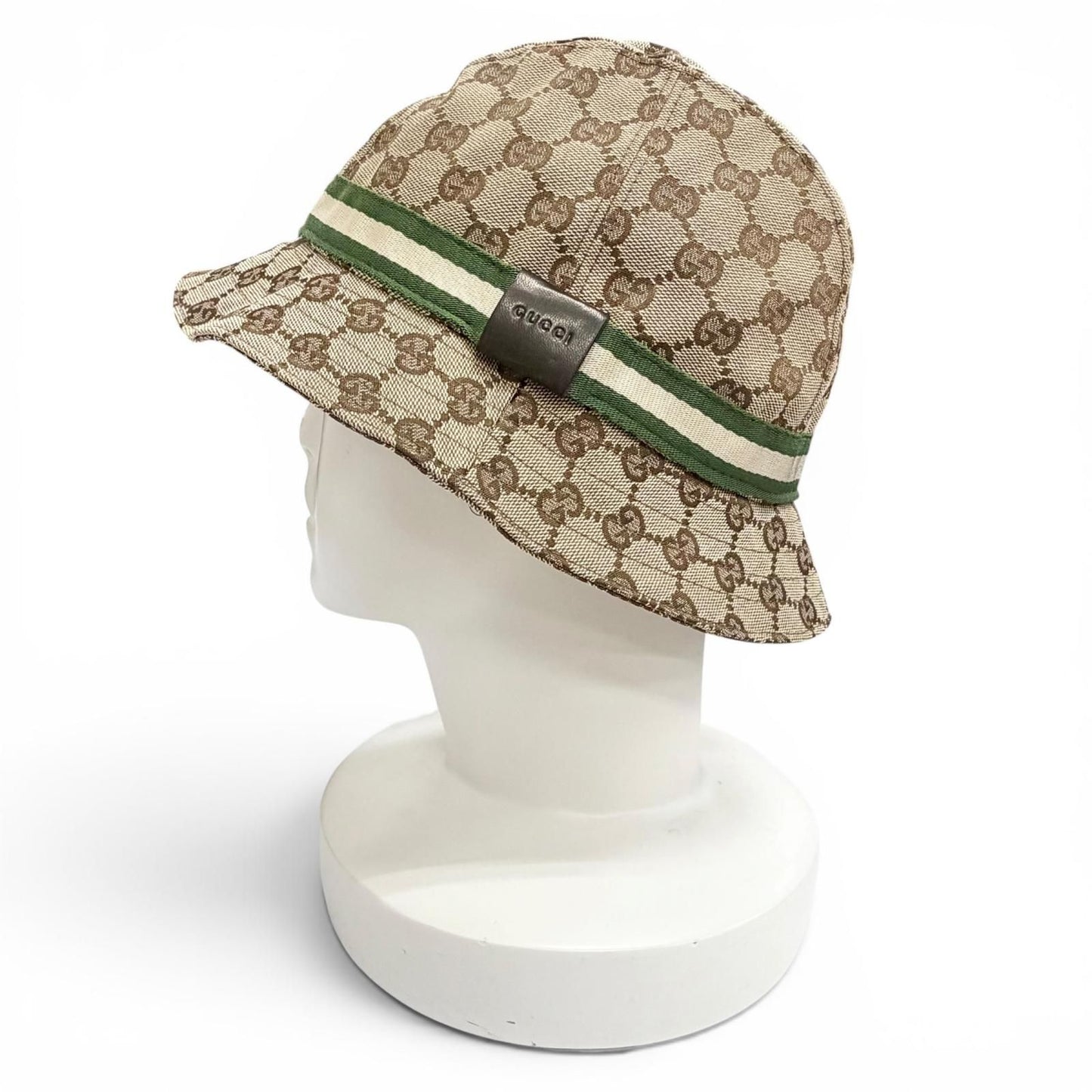 Gucci Logo Leather Patch GG Canvas Web Line Bucket Hat Beige — view 2