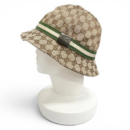 Gucci Logo Leather Patch GG Canvas Web Line Bucket Hat Beige — view 2