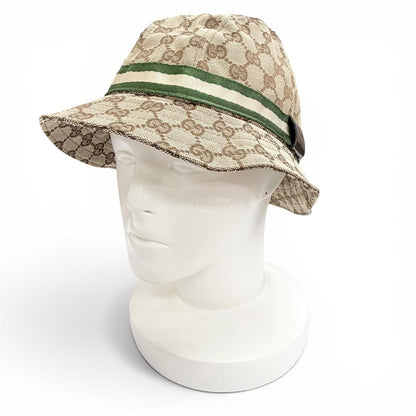Gucci Logo Leather Patch GG Canvas Web Line Bucket Hat Beige
