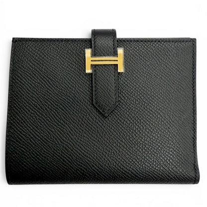 Hermes Bearn Compact Veau Epsom Gold Wallet Bifold Black