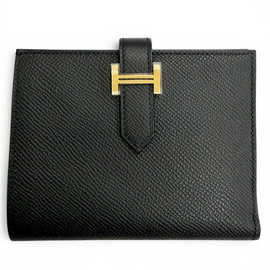 Hermes Bearn Compact Veau Epsom Gold Wallet Bifold Black