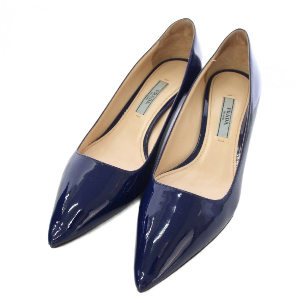 Prada Patent Pumps Pointed Toe Navy Blue TK Heel 34