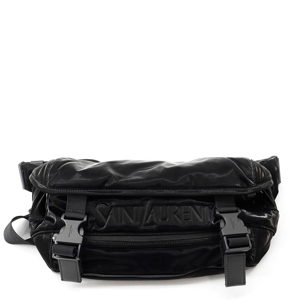 Saint Laurent Paris Embroidered Belt Bag Logo Silk Tech Canvas Black