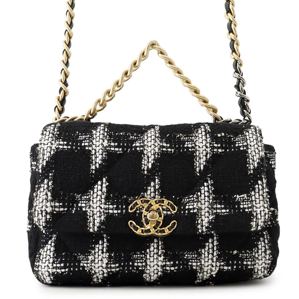Chanel Chain Shoulder Bag 19 Flap CC Logo Tweed Black White