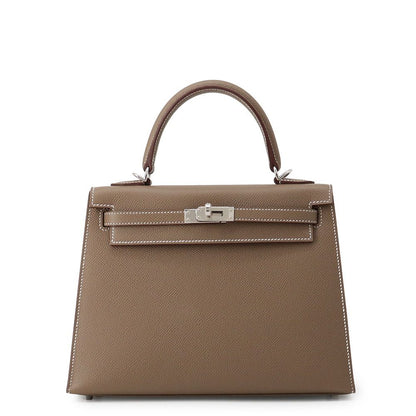 Hermes Handbag Kelly 25 Sellier Etoupe Silver Epsom 2-Way