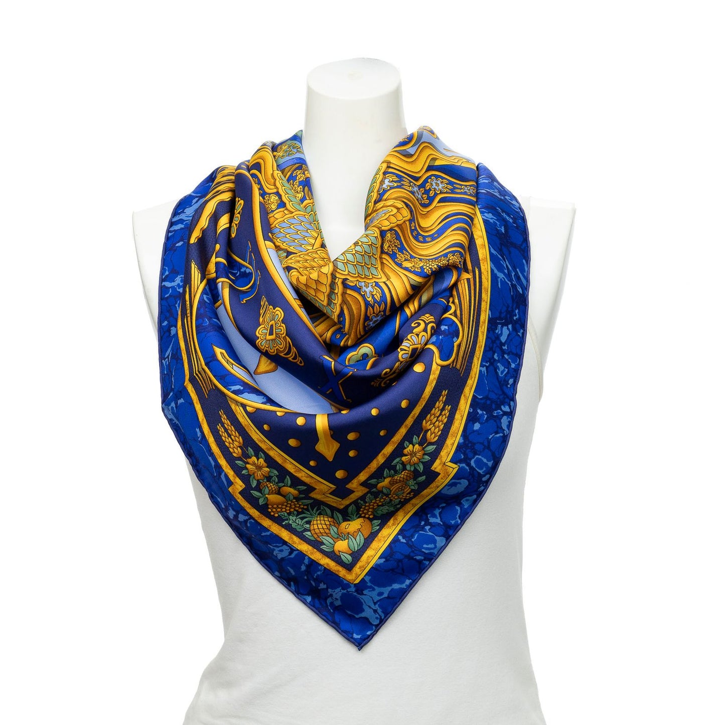 Hermes Scarf Navy Green 100% Twillsilk