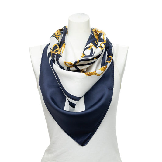 Hermes Scarf Navy White Gold 100% Twillsilk