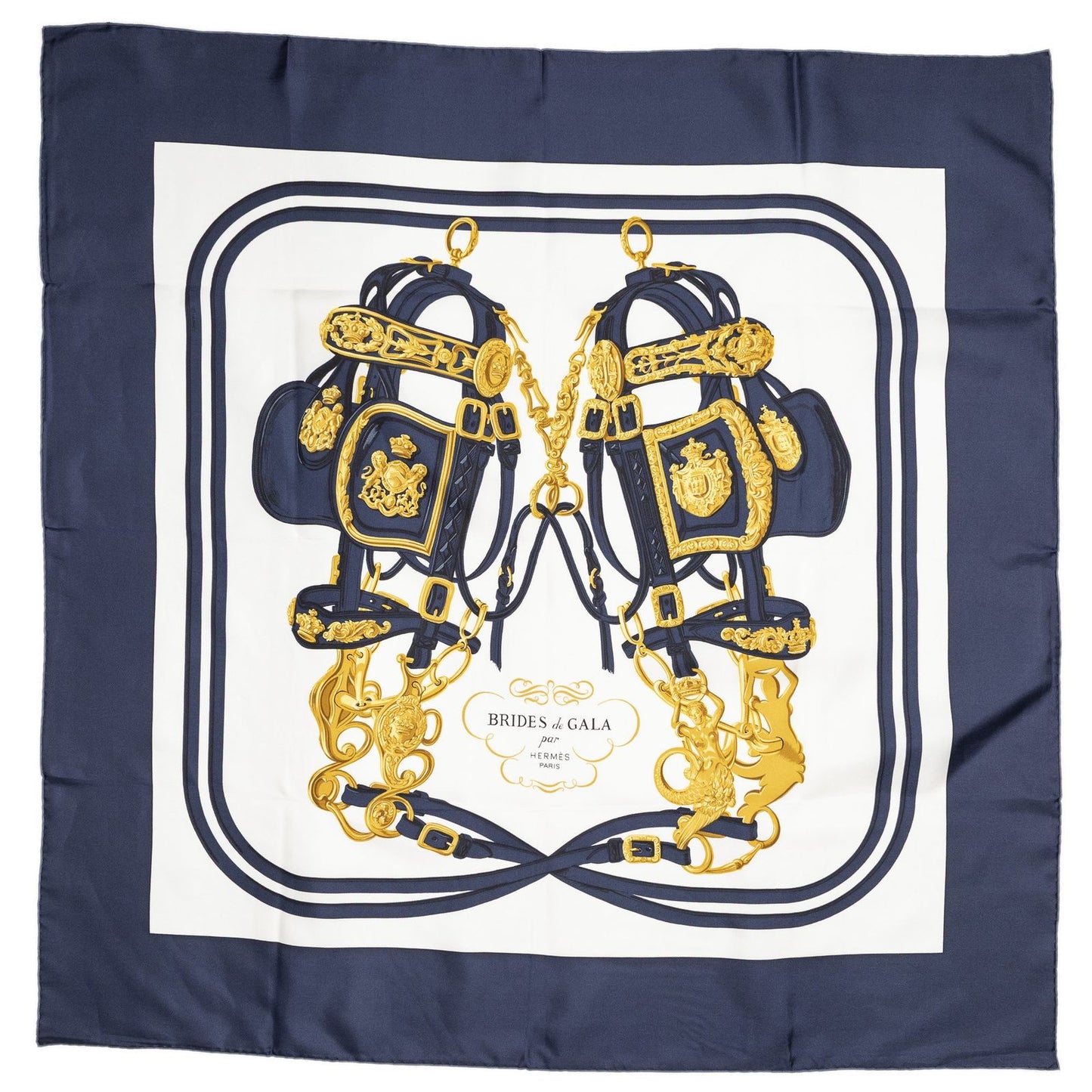 Hermes Scarf Navy White Gold 100% Twillsilk — view 2