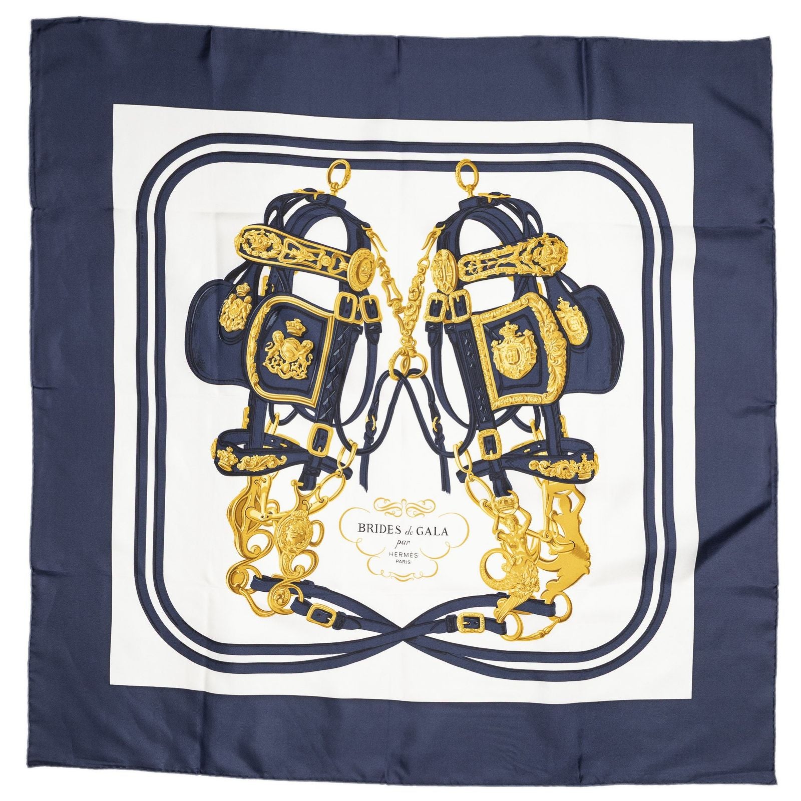 Hermes Scarf Navy White Gold 100% Twillsilk — view 2