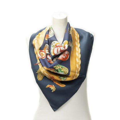 Hermes Scarf Navy Beige Green 100% Twillsilk
