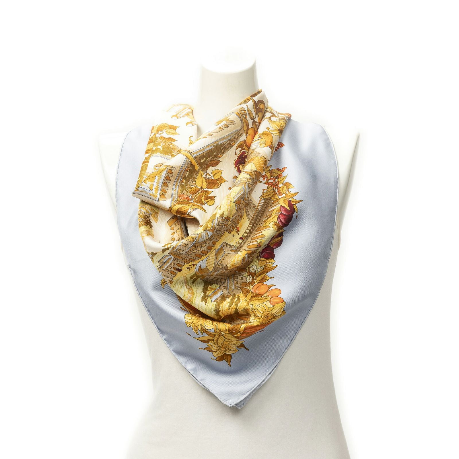 Hermes Scarf Light Blue Orange Beige 100% Twillsilk