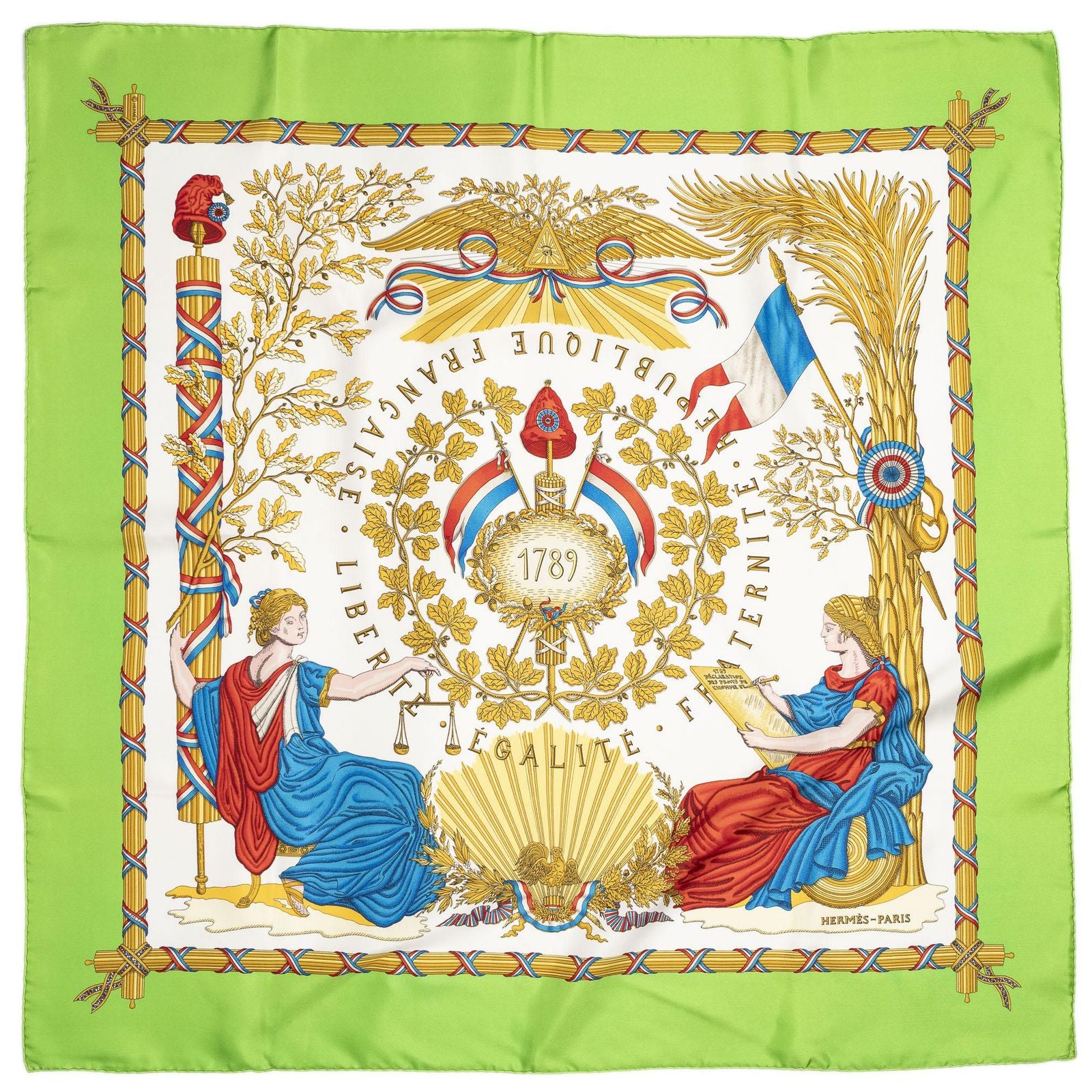 Hermes Scarf Green White 100% Gold Twill Silk — view 2
