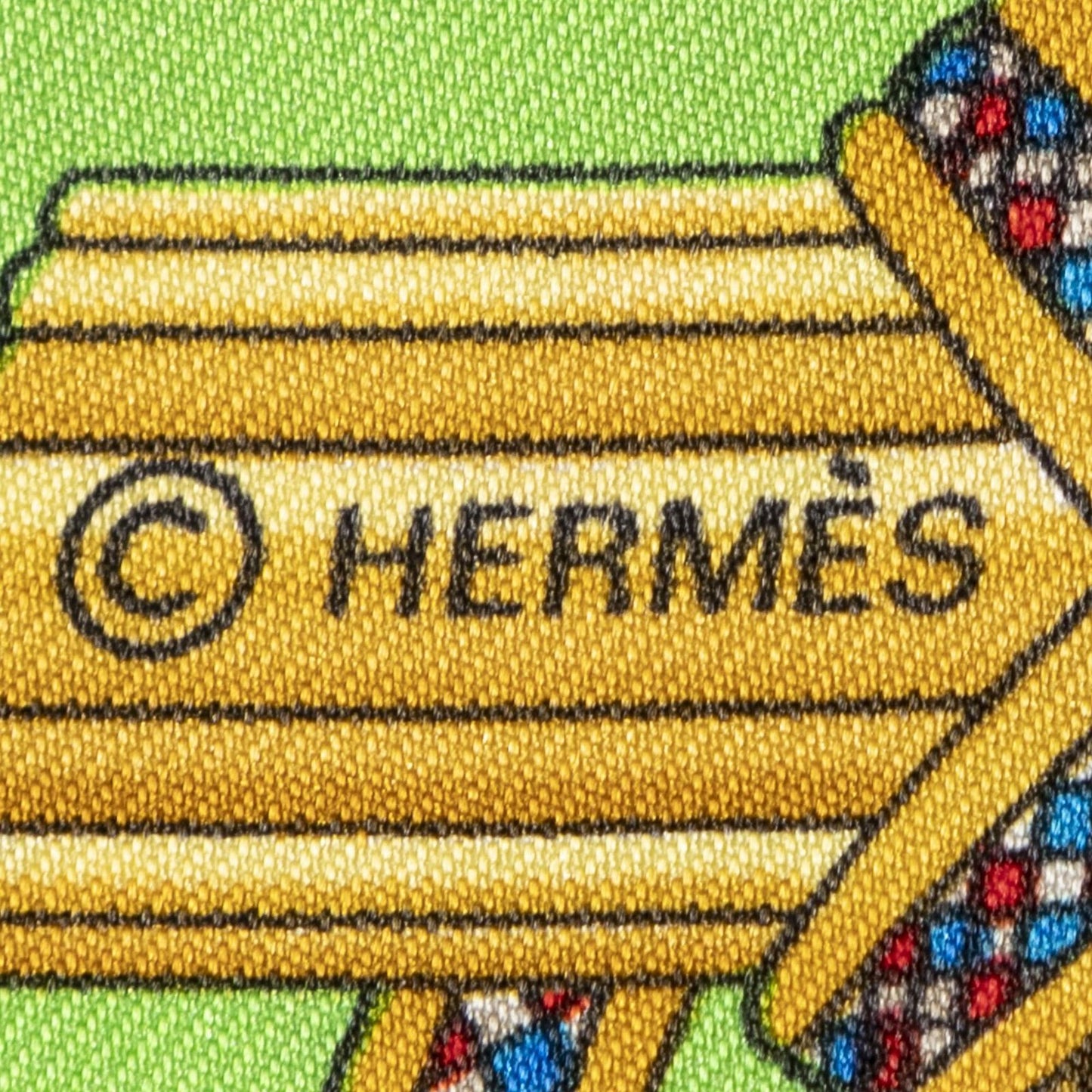 Hermes Scarf Green White 100% Gold Twill Silk — view 4