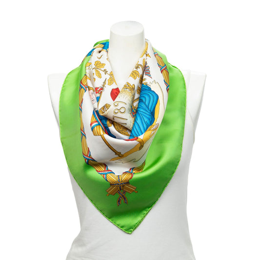 Hermes Scarf Green White 100% Gold Twill Silk