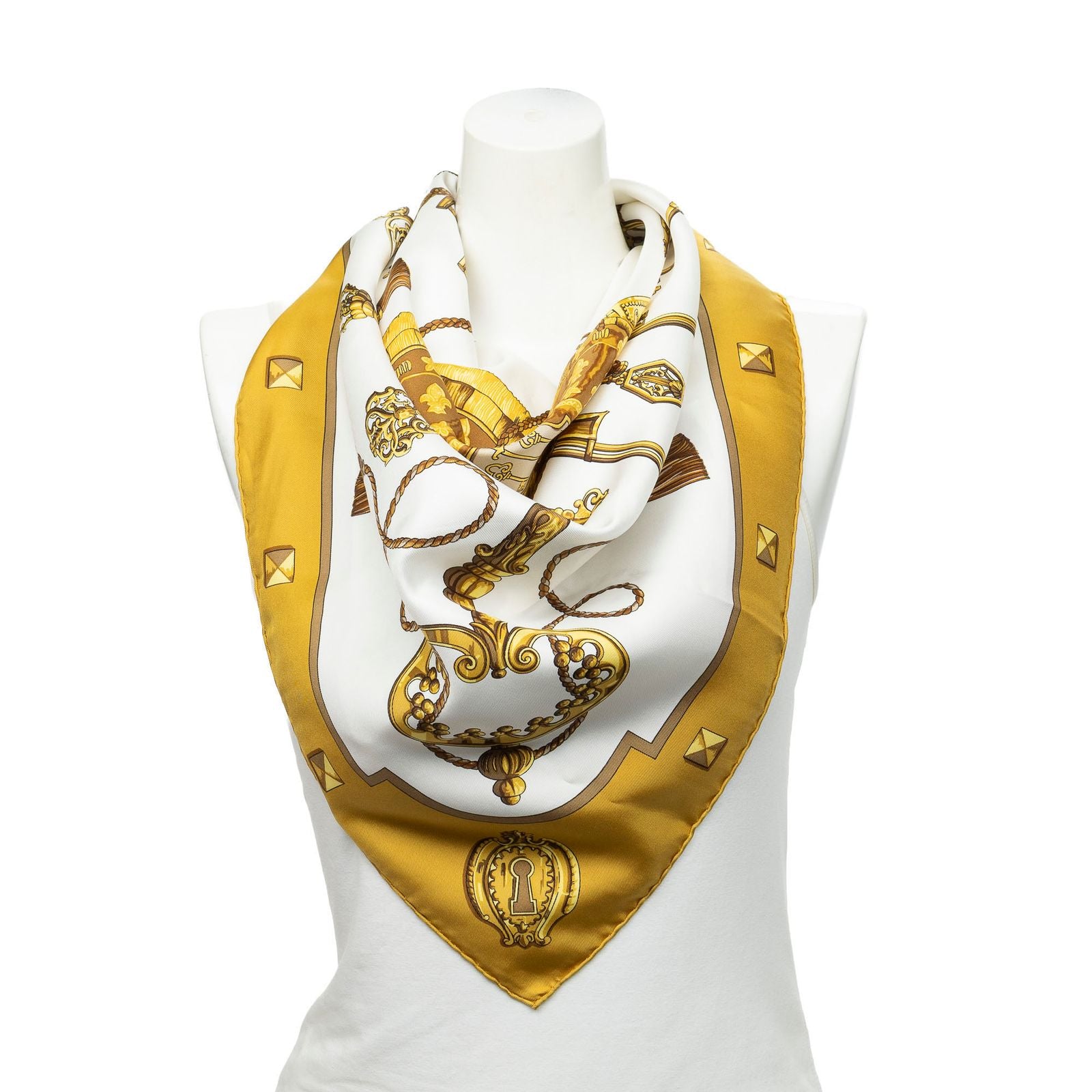 Hermes Scarf White Brown 100% Twillsilk