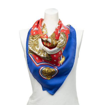 Hermes Scarf Blue Red 100% Gold Twill Silk