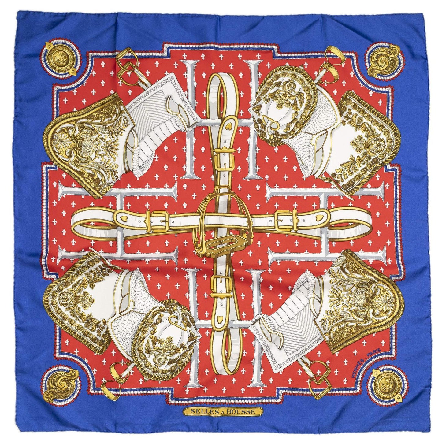 Hermes Scarf Blue Red 100% Gold Twill Silk — view 2