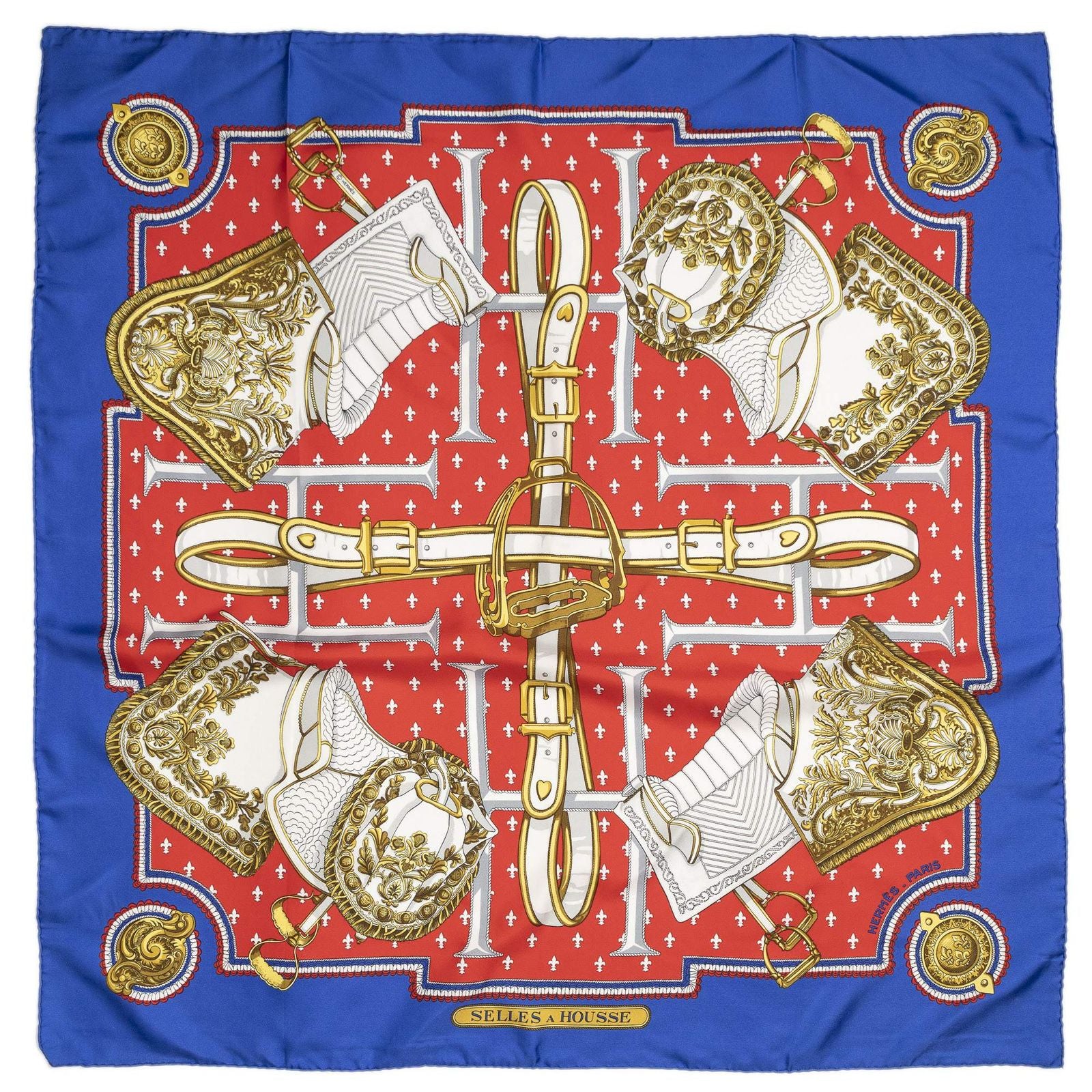 Hermes Scarf Blue Red 100% Gold Twill Silk — view 2