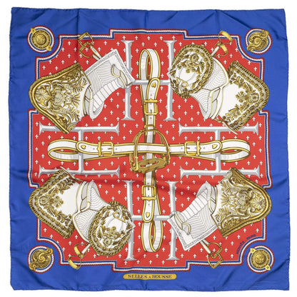 Hermes Scarf Blue Red 100% Gold Twill Silk — view 2